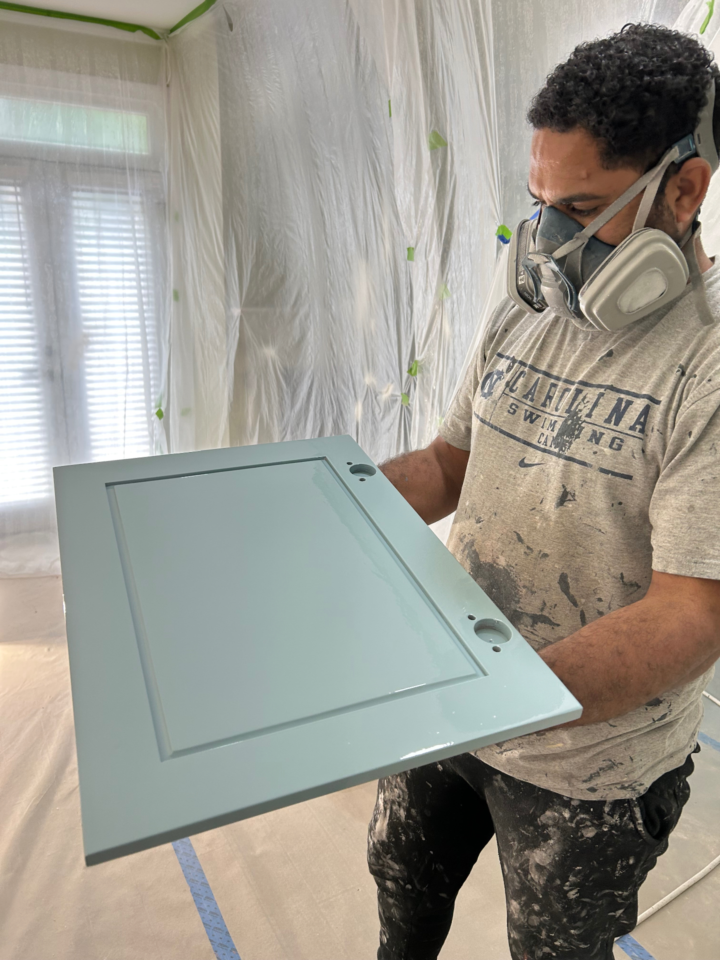Spraying Island Doors — Soft Blue Finish